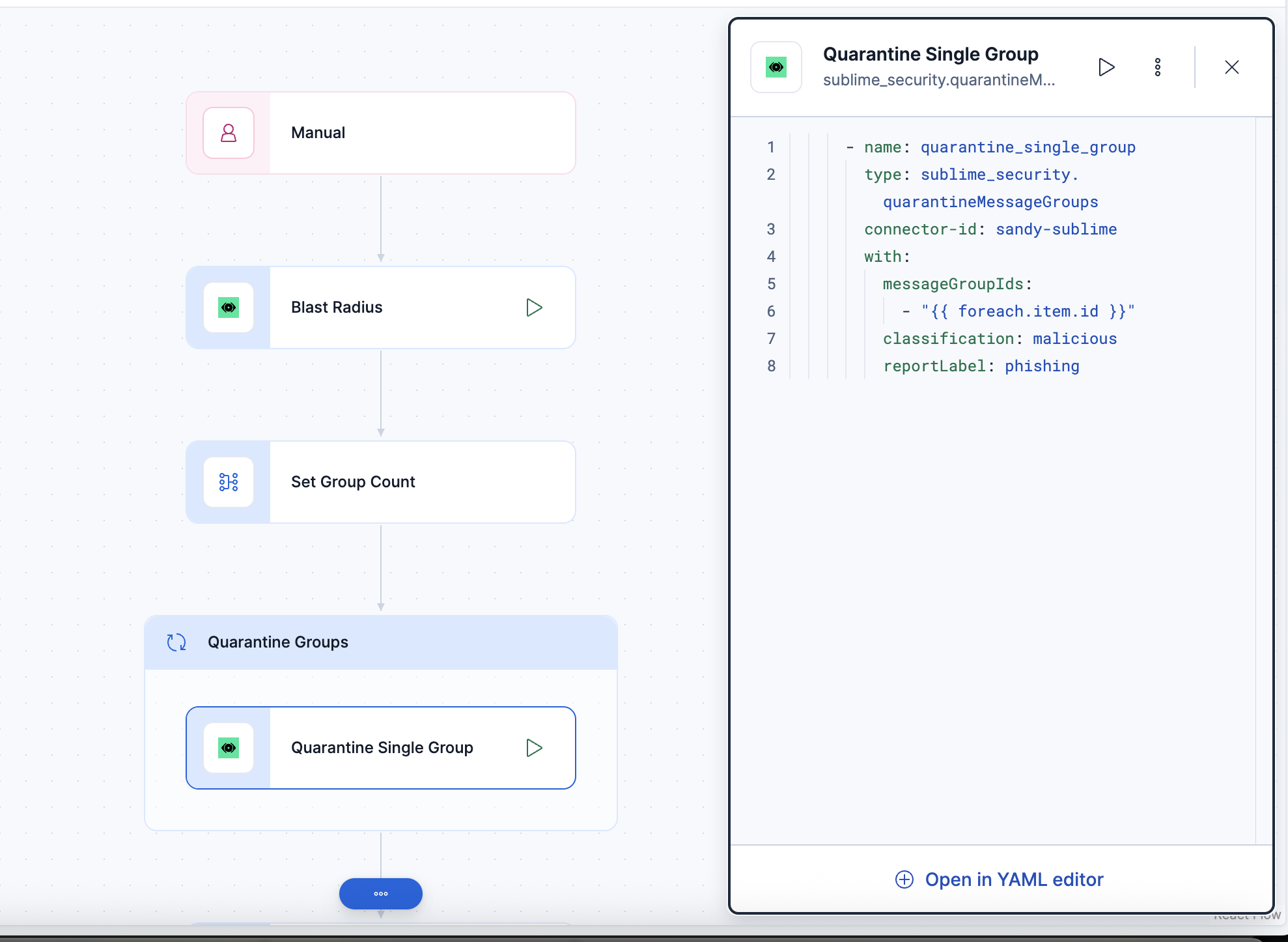 Elastic Workflows editor running a Sublime Security blast-radius quarantine of phishing message groups