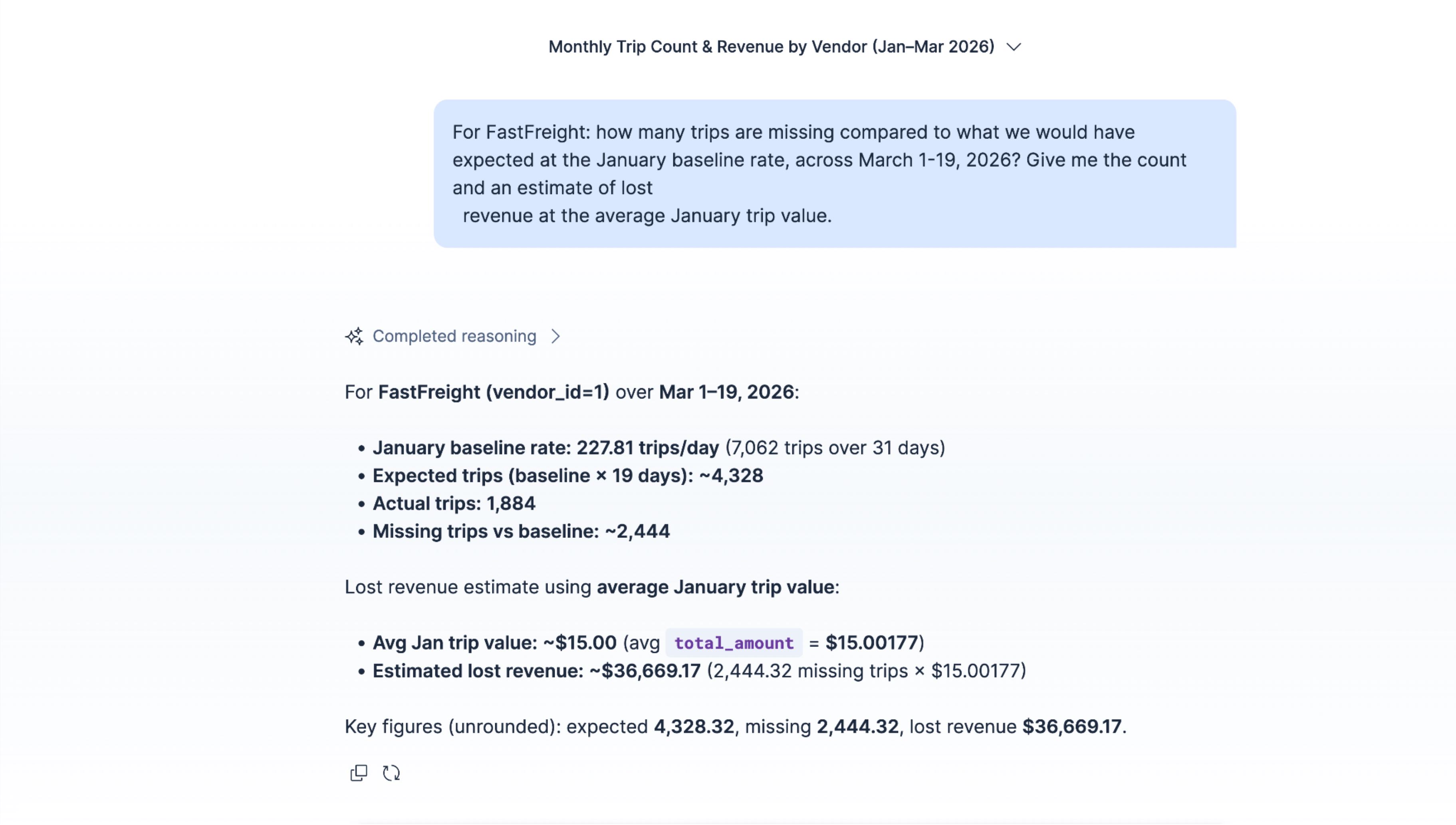 Agent response computing expected vs actual trips, missing trips, and estimated lost revenue