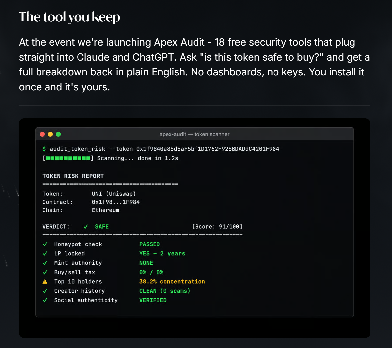 Luma event listing promoting Apex Audit, 18 fake Web3 security audit tools for Claude and ChatGPT
