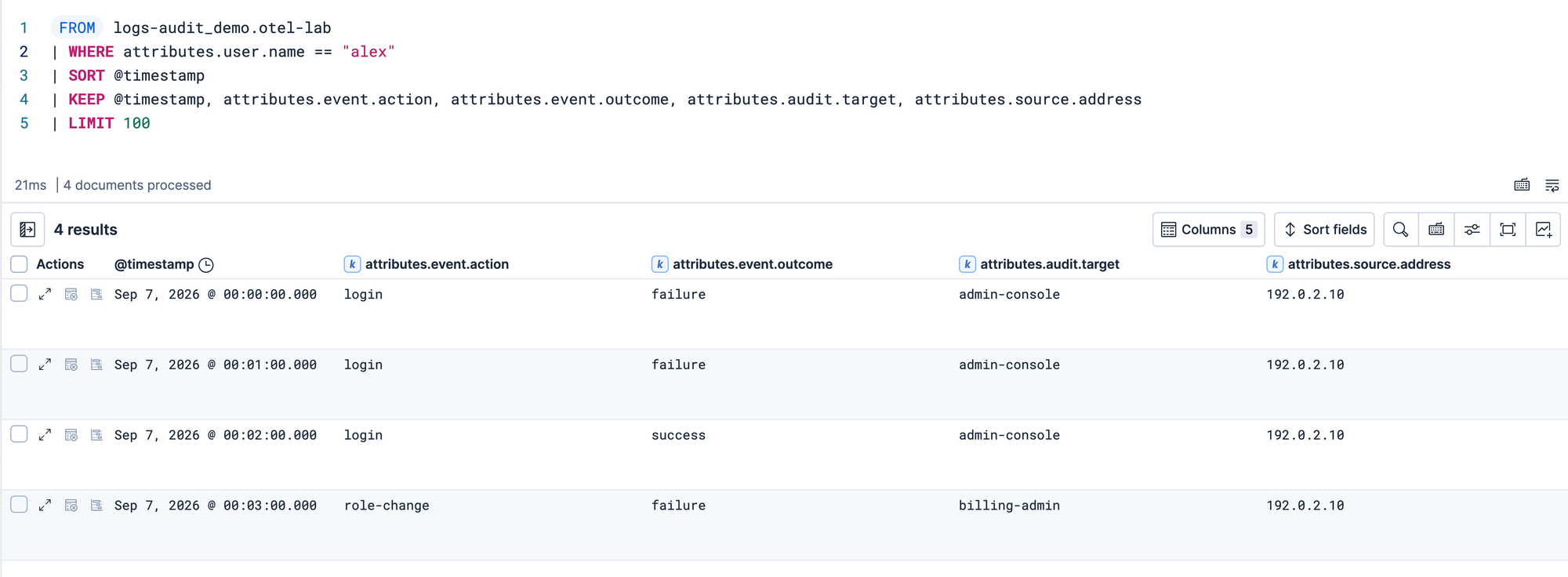 ES|QL query returning four audit log events for user alex from the logs-audit_demo.otel-lab data stream