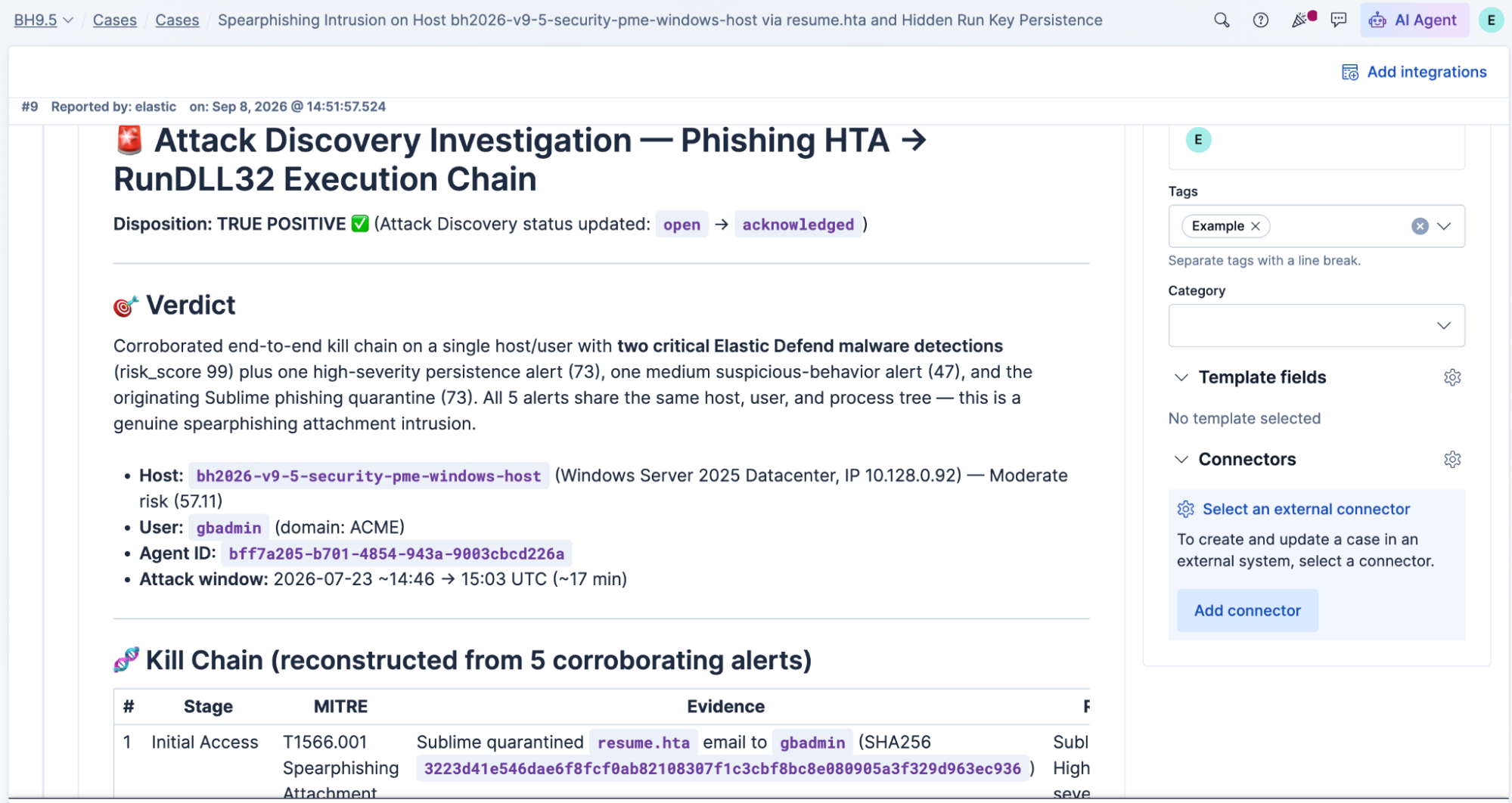 Elastic Security case for phishing incident response, with agent-added verdict and kill chain evidence from five alerts