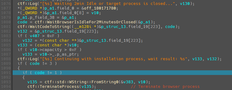 KREMLIN installer code waiting for Chrome to be idle for two minutes before terminating the browser process