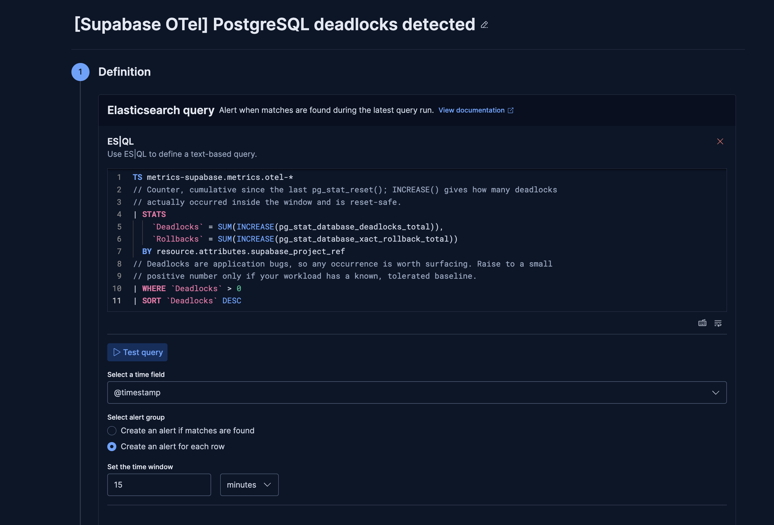 Kibana alert rule for Supabase OTel PostgreSQL deadlocks detected, querying metrics-supabase.metrics.otel with ES|QL