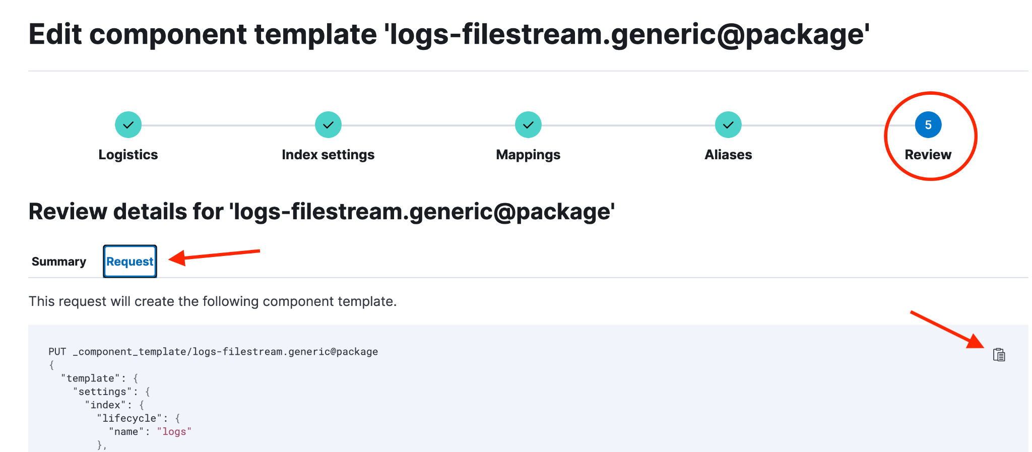 Bildschirm mit Anzeige der Oberfläche zur Erstellung von Komponentenvorlagen mit dem im Workflow ausgewählten Schritt „Überprüfen“.
