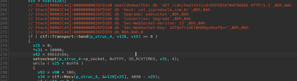 TELEPUZ WebSocket C2 communication establishing connection to cal.joycedoula.com.br with HTTP upgrade headers