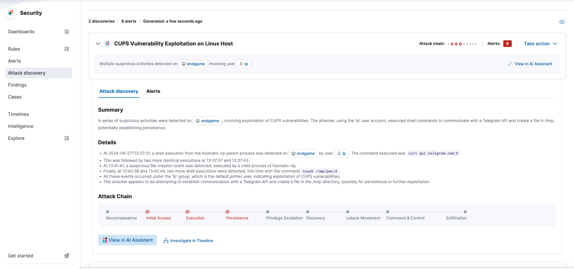 Elastic’s Attack Discovery summarizing findings for the CUPS Vulnerability