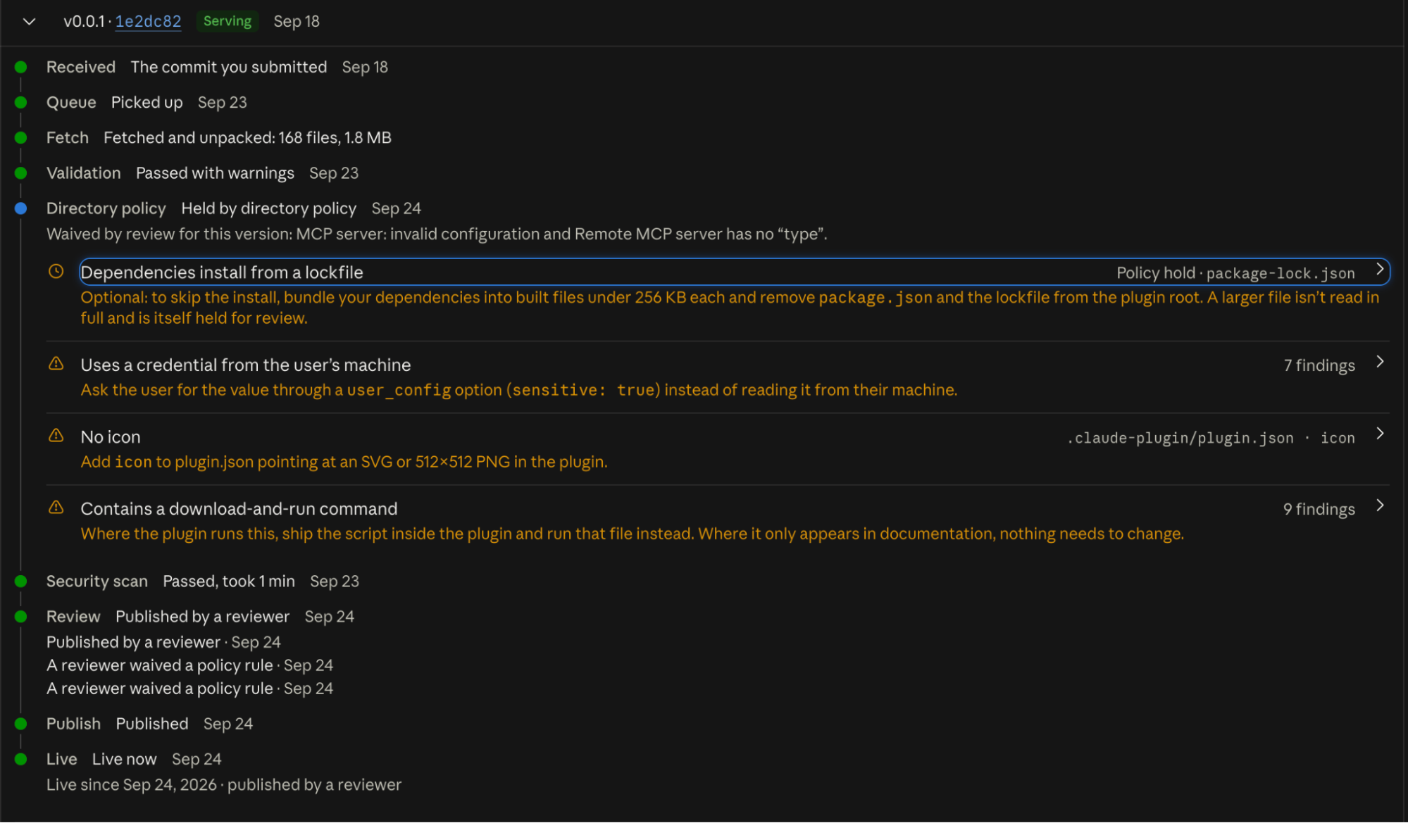 Claude plugin review log showing policy warnings for credentials, missing icon and download-and-run commands