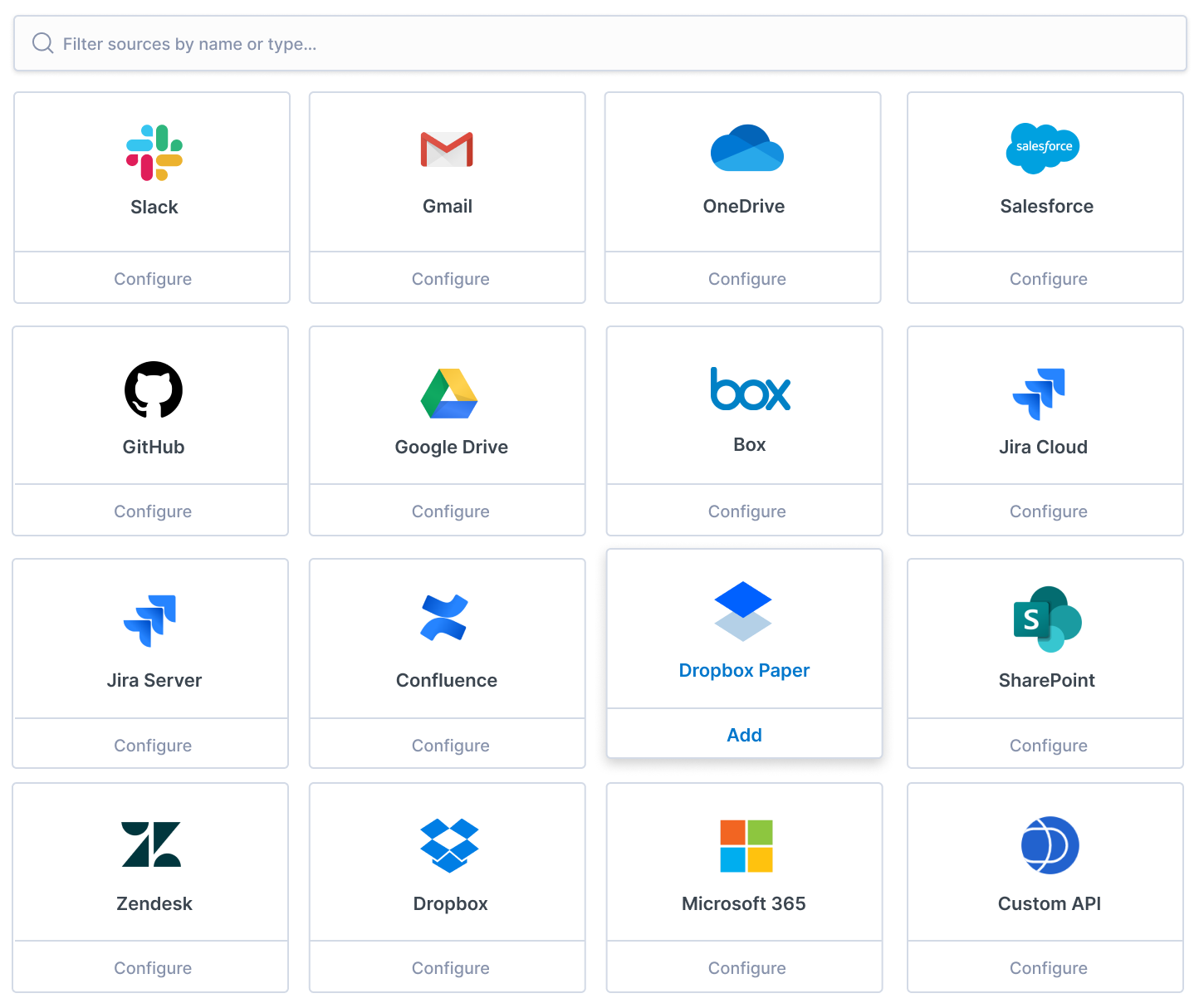 A sampling of the prebuilt connectors in Elastic Workplace, now including Dropbox Paper