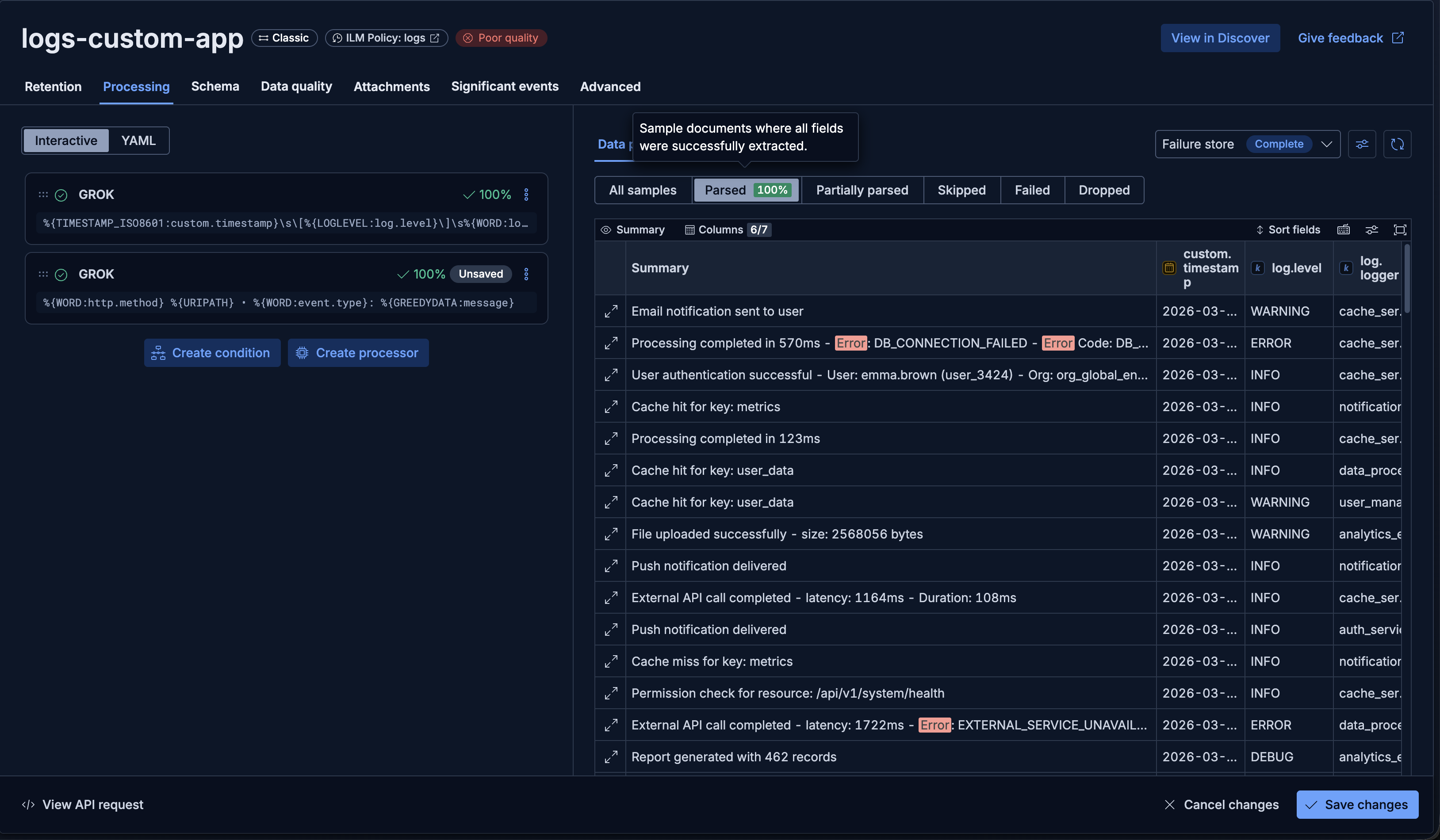 Pipeline editor showing successful parsing against failure store samples