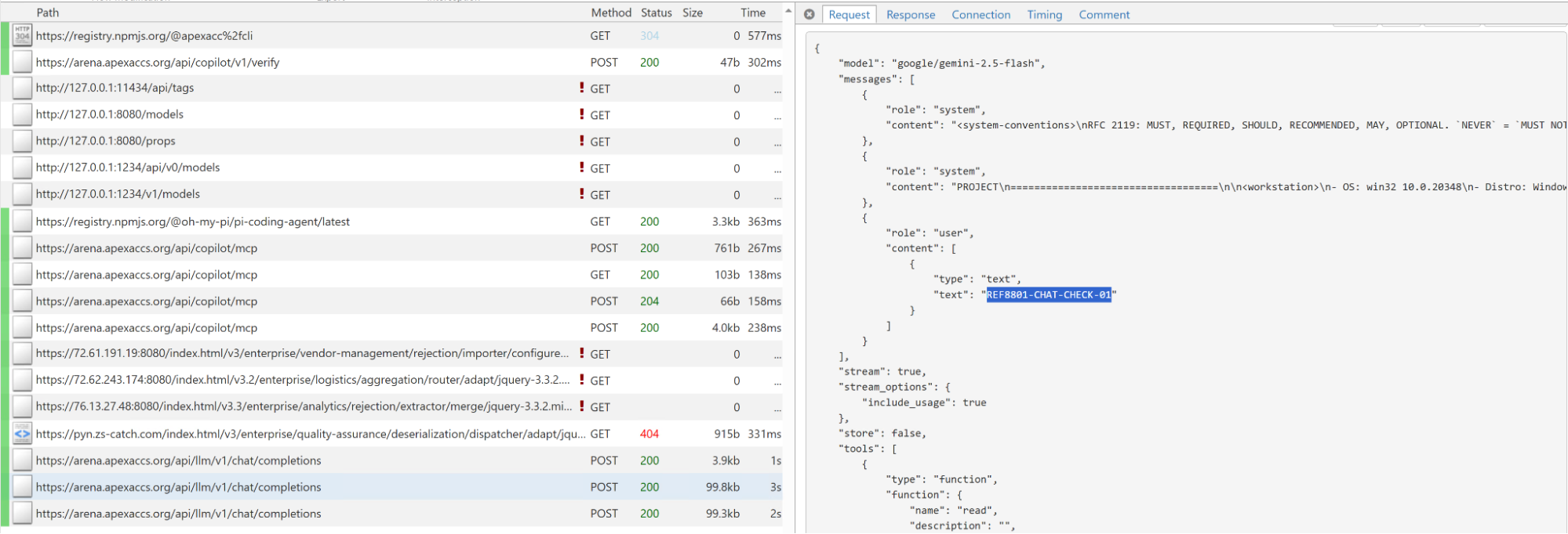 Network capture of coding agent chat requests routed to the attacker-controlled LLM API endpoint