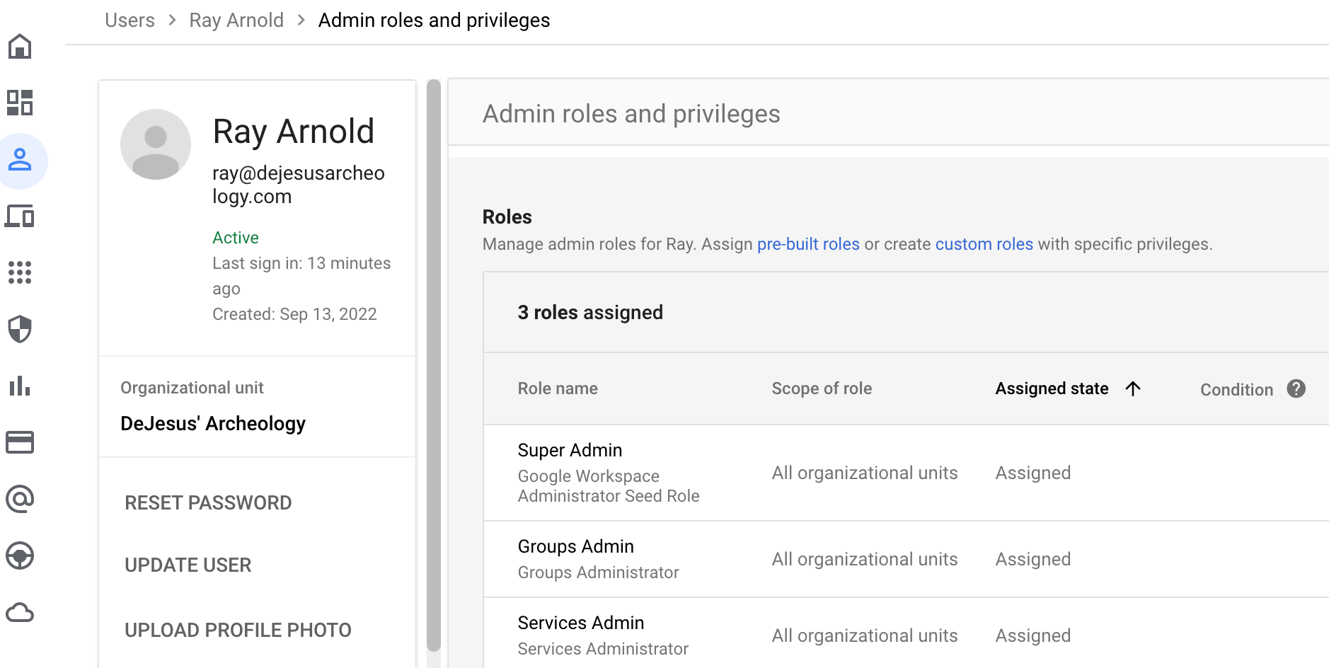 Ray Arnold user created in Google Workspace with admin privileges