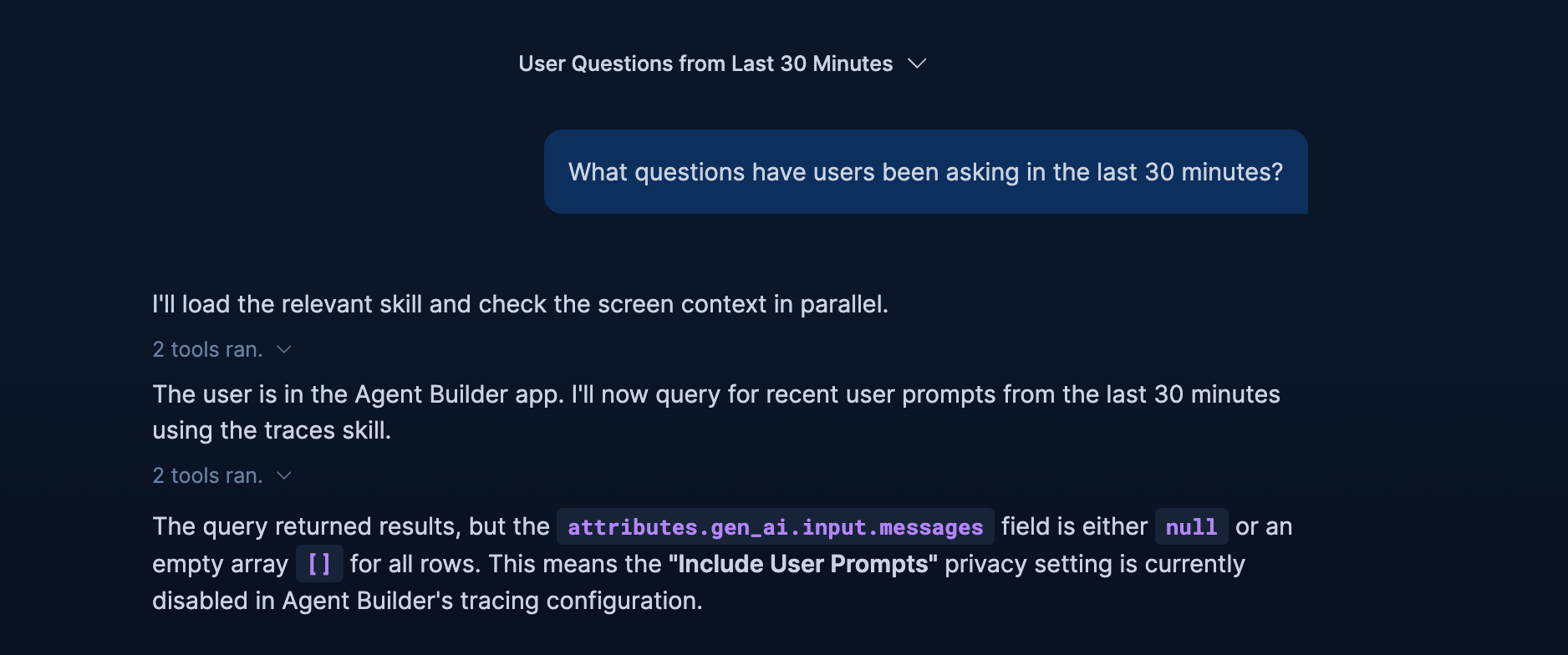 Agent Builder trace analysis showing empty input messages because the Include User Prompts privacy setting is off