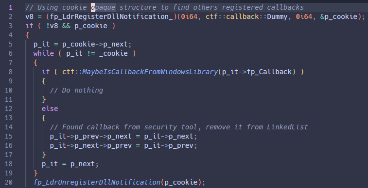 TELEPUZ DllNotification callback removal code iterating linked list to unregister third-party security tool callbacks