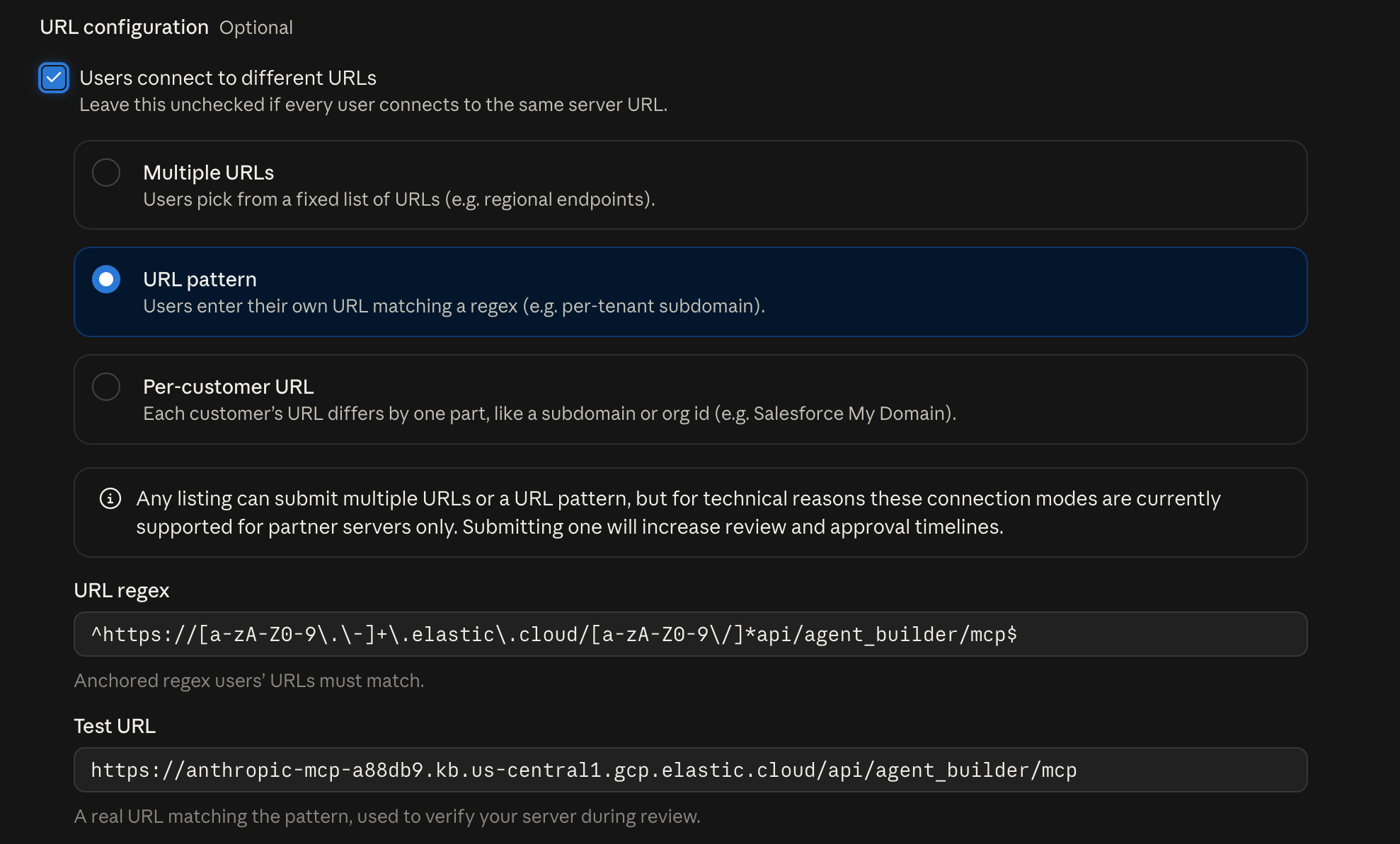 Anthropic MCP connector submission form set to URL pattern, with the Elastic Agent Builder regex and test URL