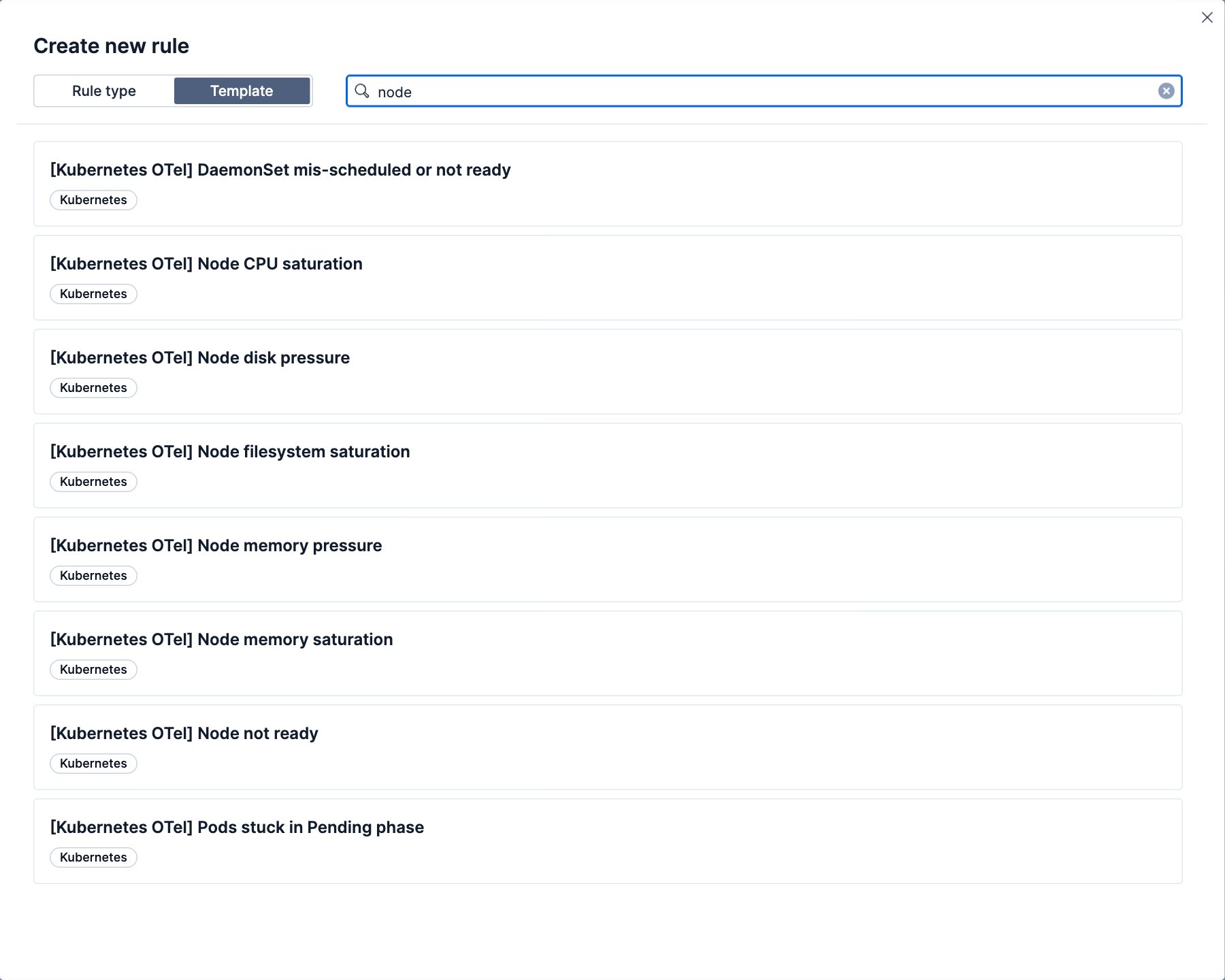 Kubernetes OTel alerting rule templates for node memory pressure, disk pressure and node not ready