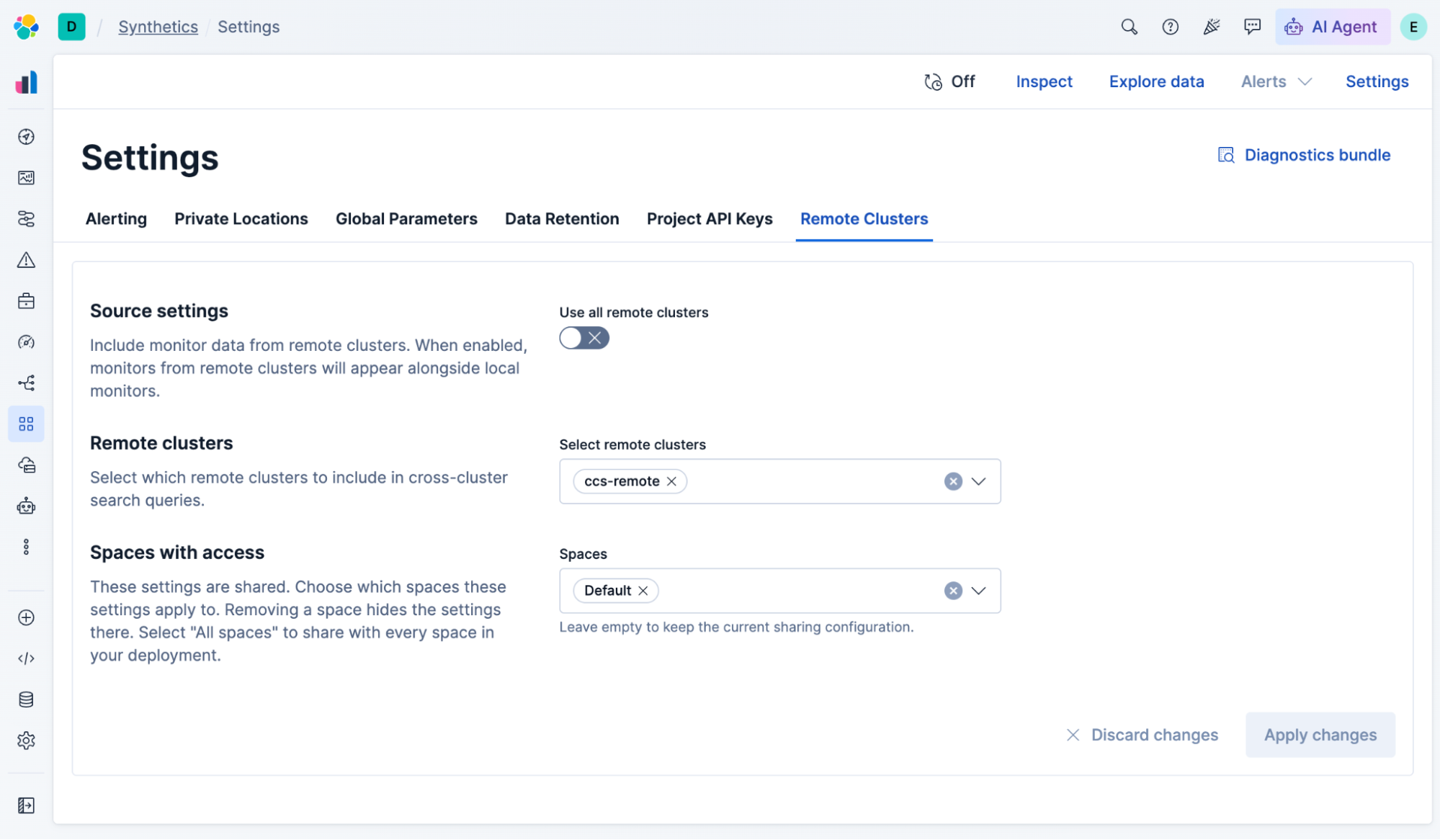 Synthetics Settings Remote Clusters tab in Kibana with the Use all remote clusters toggle and Spaces access field