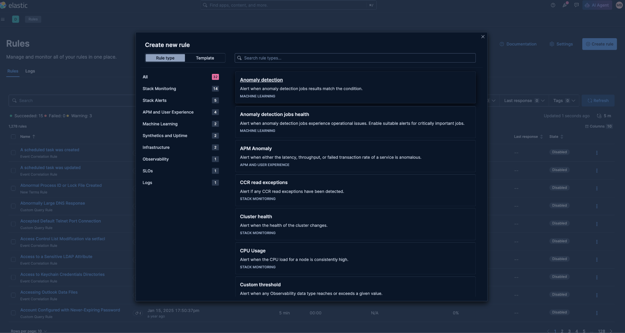 Observability alert rule creation for anomaly detection job threshold and actions