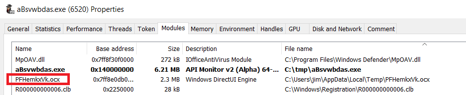 Process Hacker showing new loaded module