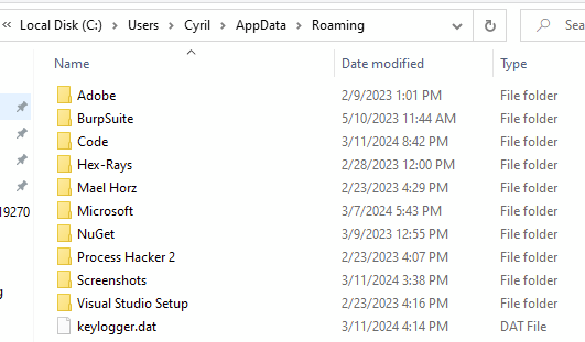 Keylogging data file keylogger.dat