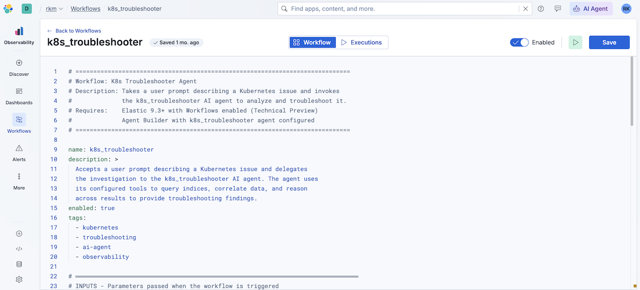 Kibana Workflows editor: k8s_troubleshooter workflow YAML enabled.