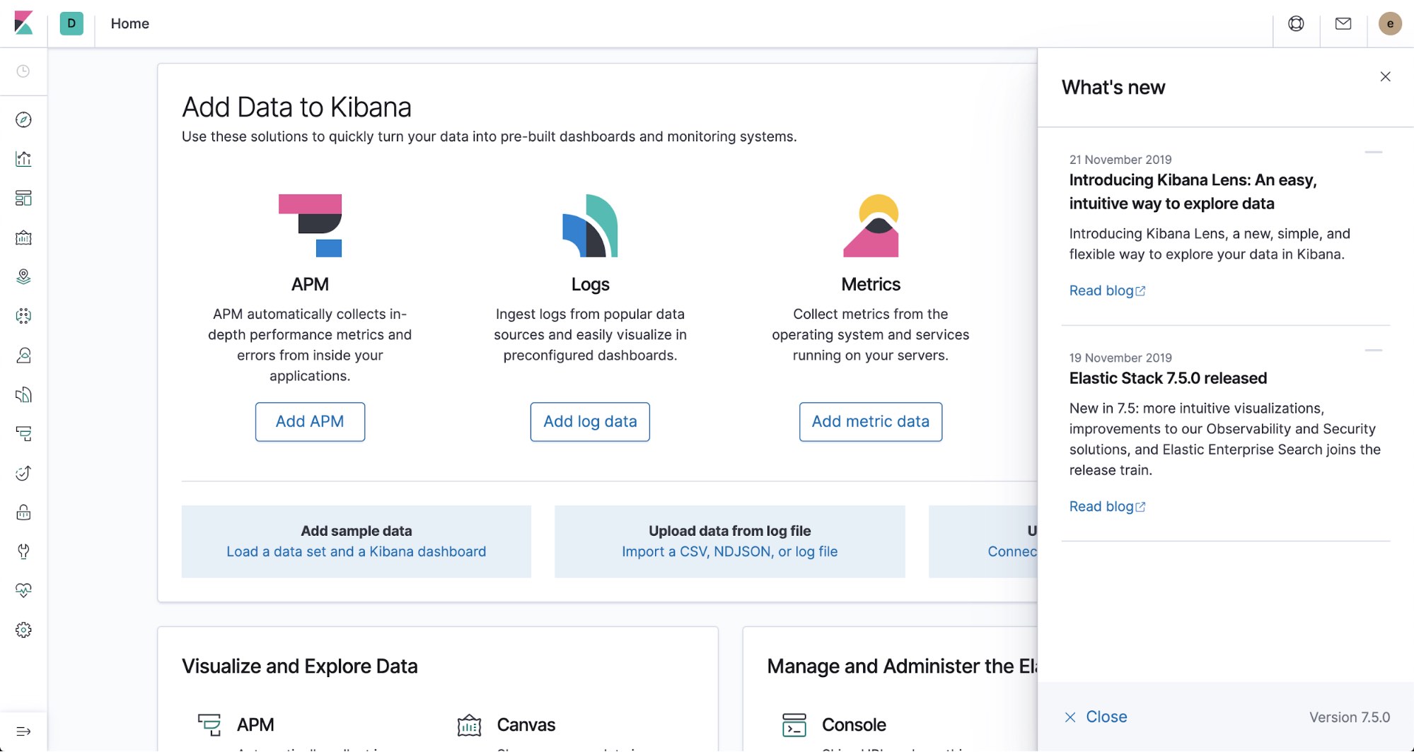 Kibana 7-5 now provides a newsfeed feature with an updated list of recent release information and other useful materials