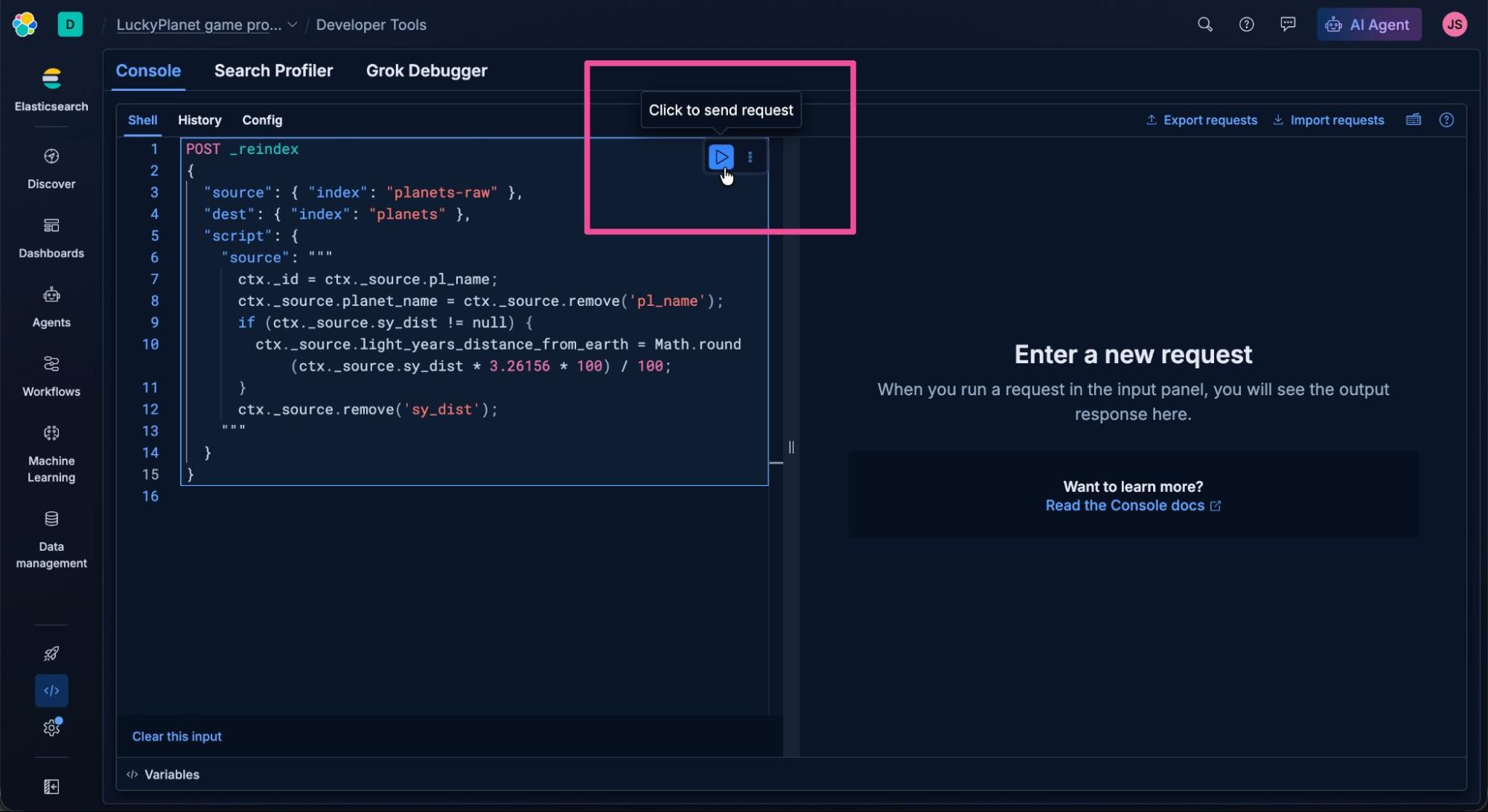 Screenshot of the Elasticsearch Developer Tools console, showing a JSON script for reindexing data. The left panel contains the code editor, and the right panel displays a message area for responses. The focus is on the “Click to send request” button used to execute the script.