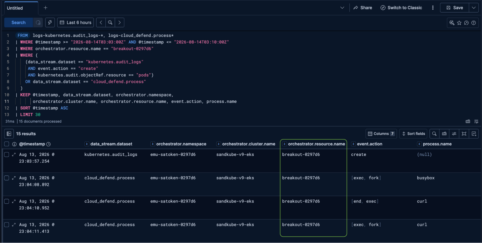 Kubernetes audit logs pod create joined to container runtime process events on orchestrator.resource.name in ES|QL
