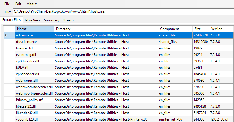 Extracted file list from SCMBANKER's Remote Utilities Host remote access installer