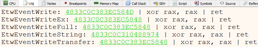 Five ntdll Etw functions patched with xor rax, rax and ret to disable Windows event tracing