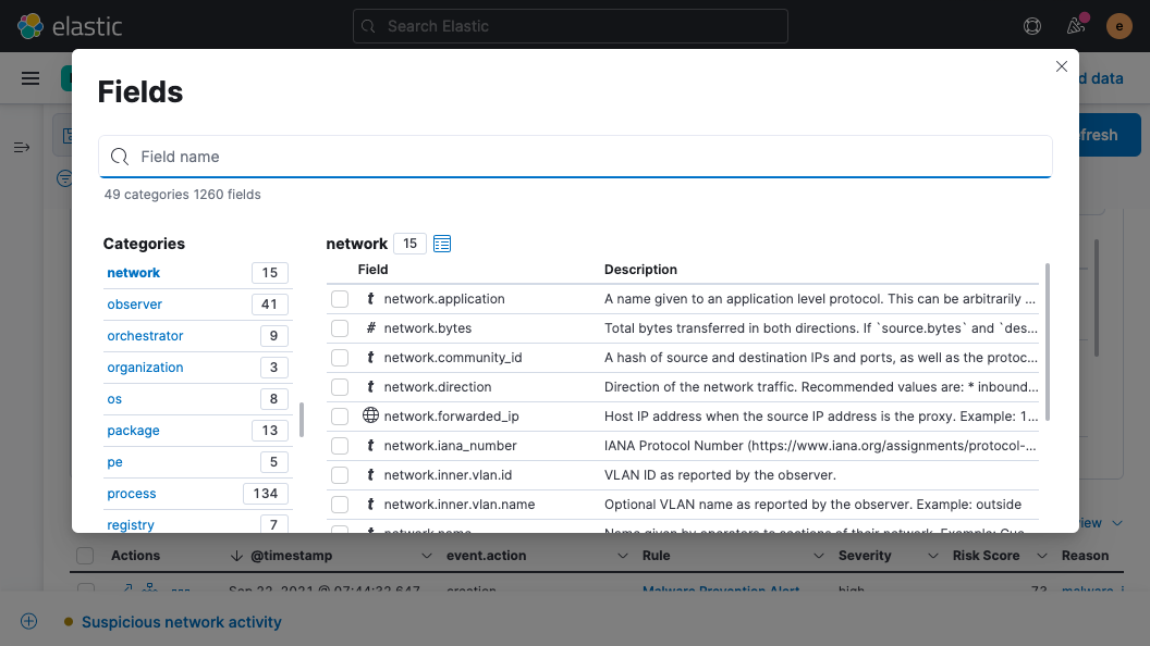 Elastic Security 7.15 ECS Fields browser