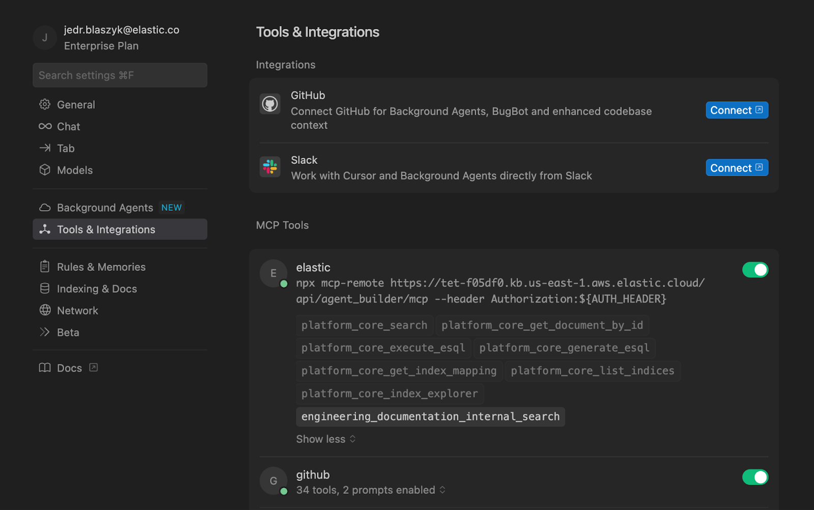 Ein Bild des Elastic Agent Builder MCP-Servertools, das in Cursor verfügbar ist.
