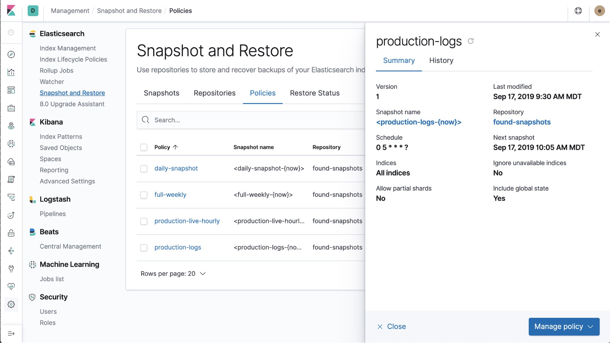 Snapshot lifecycle management in Elasticsearch