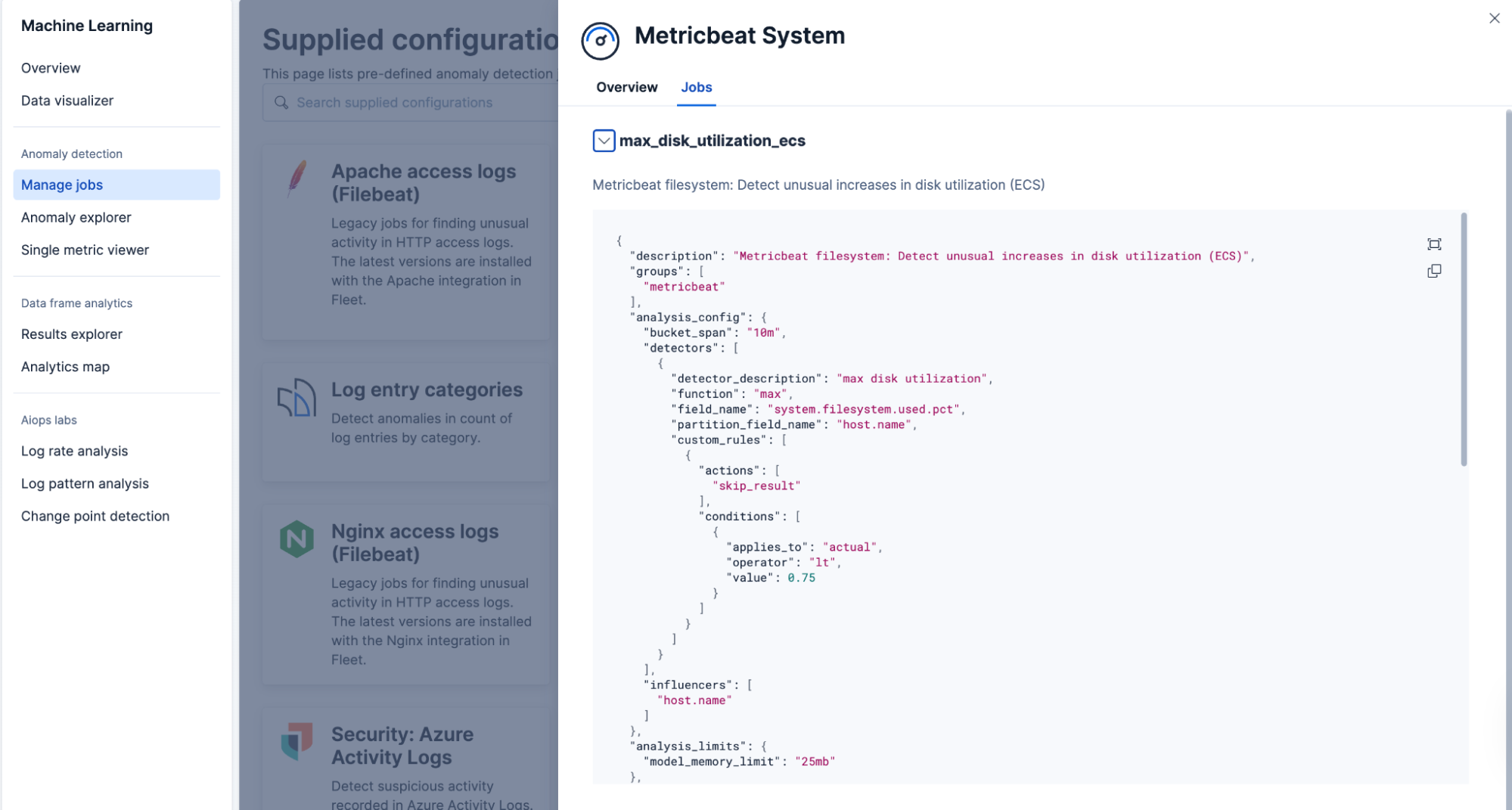 Disk capacity anomaly detection job config in Kibana: the built-in max_disk_utilization_ecs job