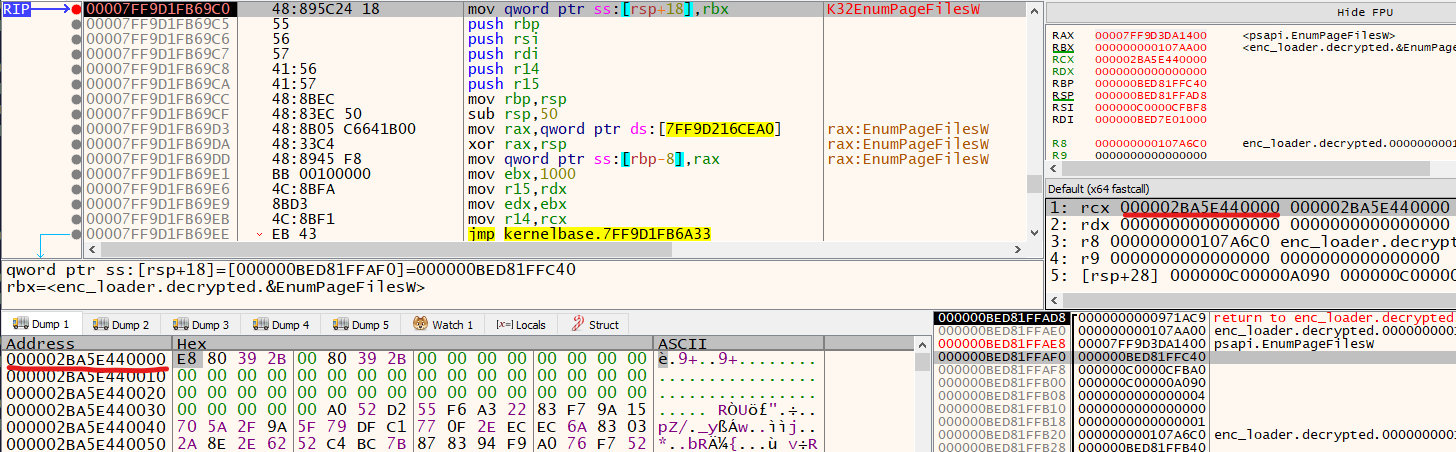 Debugger view of the information stealer shellcode invoked through the EnumPageFilesW callback