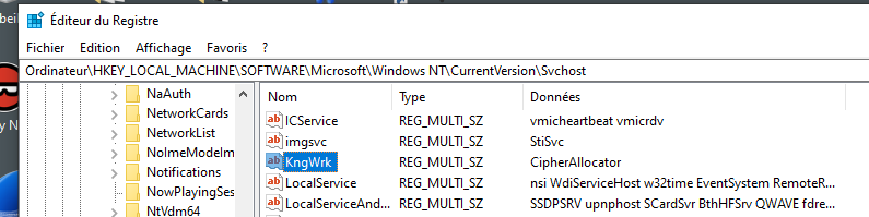 Windows Registry Editor showing TELEPUZ CipherAllocator service registration with KngWrk and LocalService entries