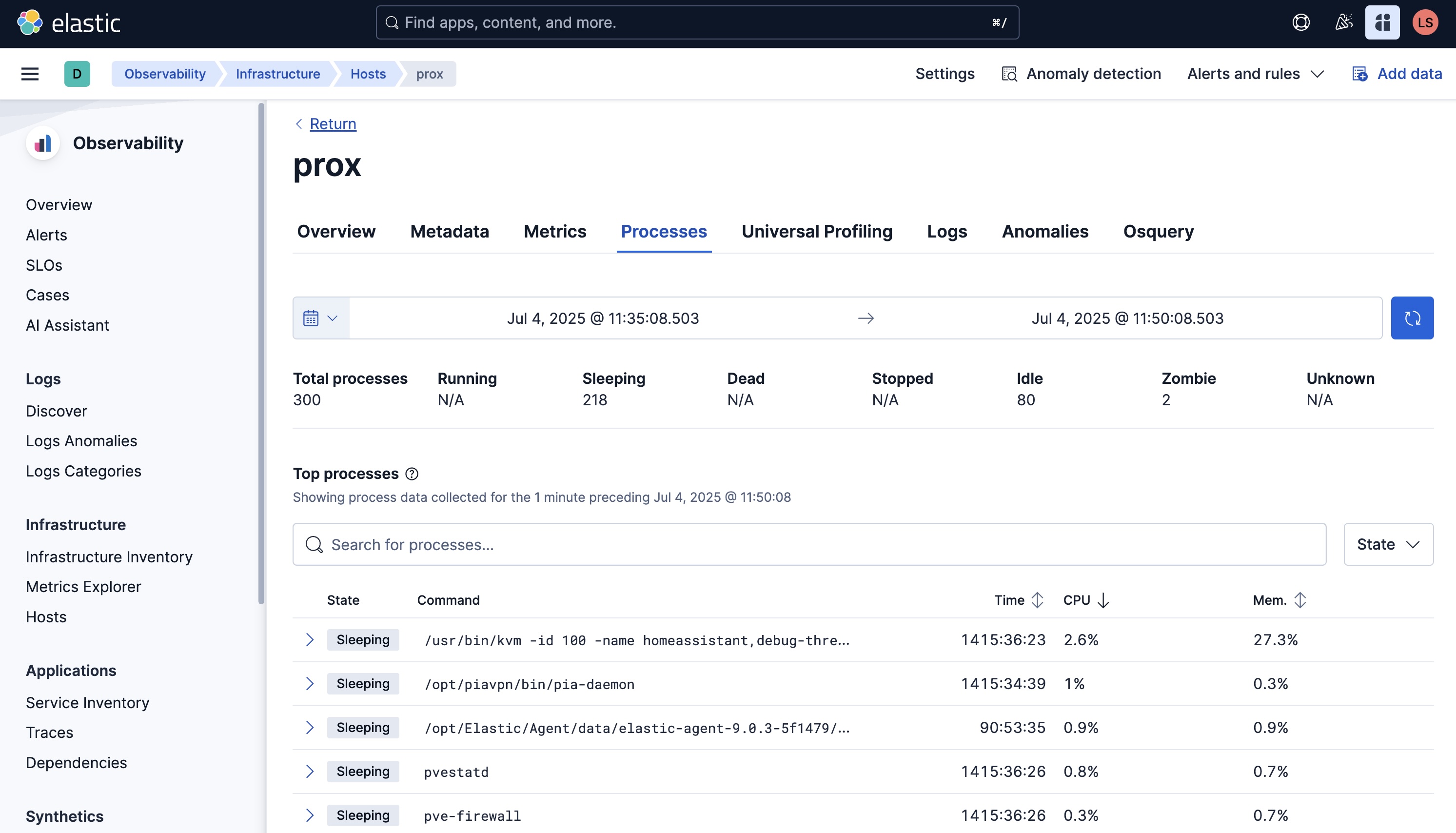 The Infrastructure > Hosts Kibana page for our Proxmox host