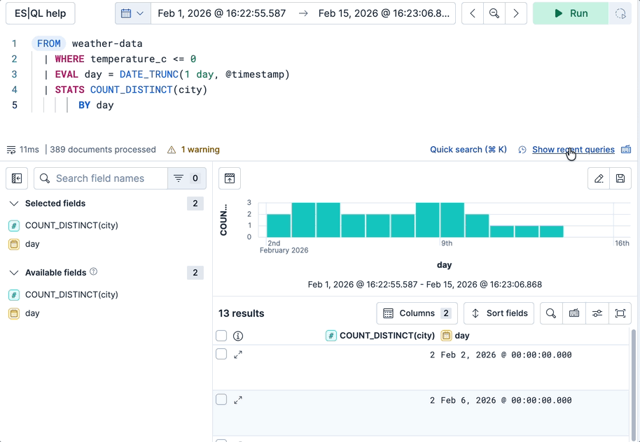 ES|QL editor query history and starred queries