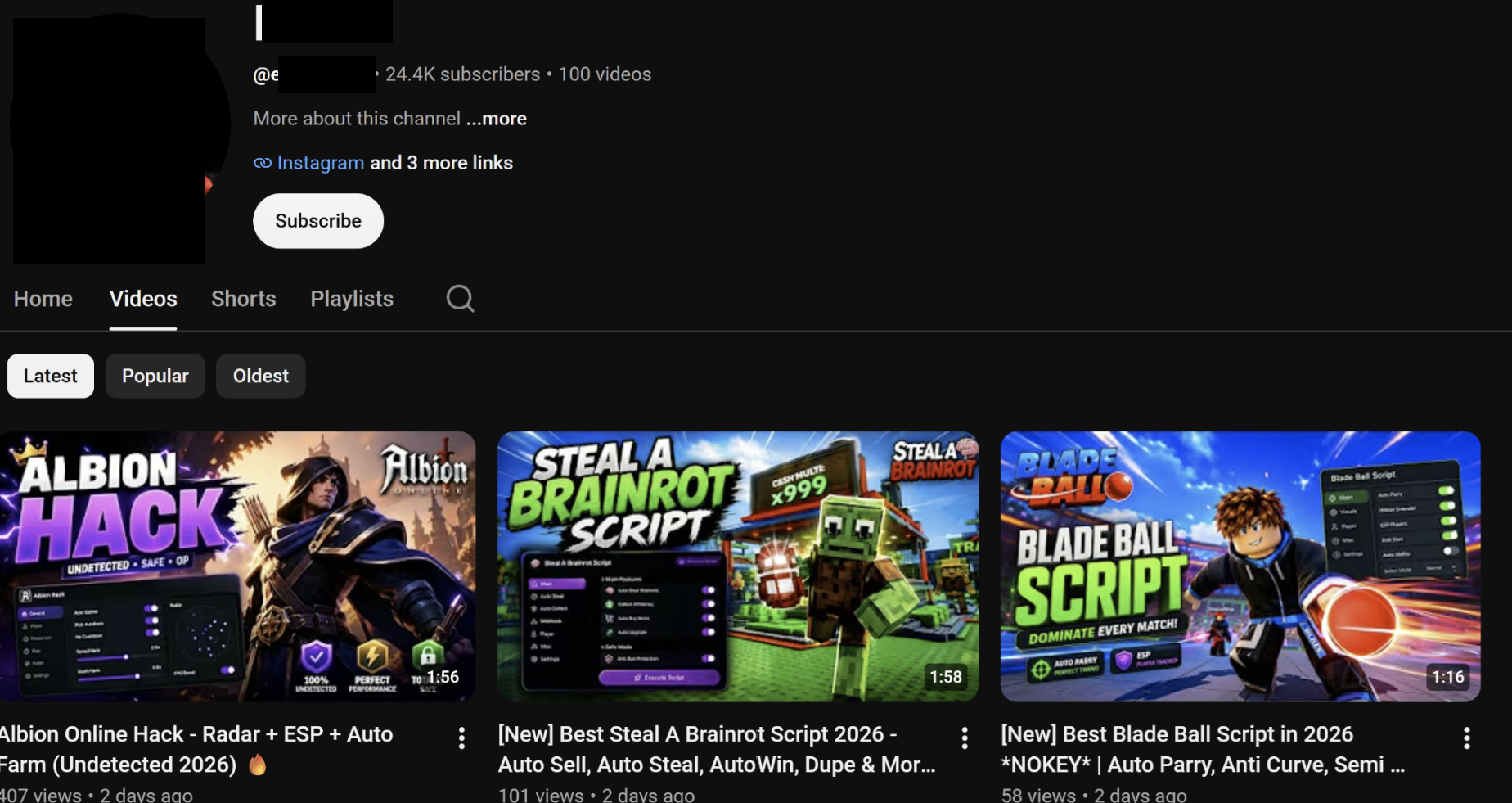 Hijacked YouTube channel with 24.4K subscribers posting AI-generated cheat videos that distribute REVSTEALER