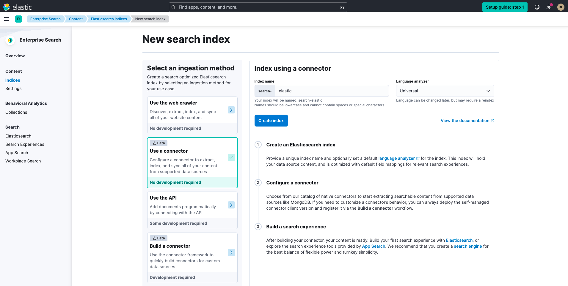 Screenshot of Elastic Enterprise Search and creating a new search index