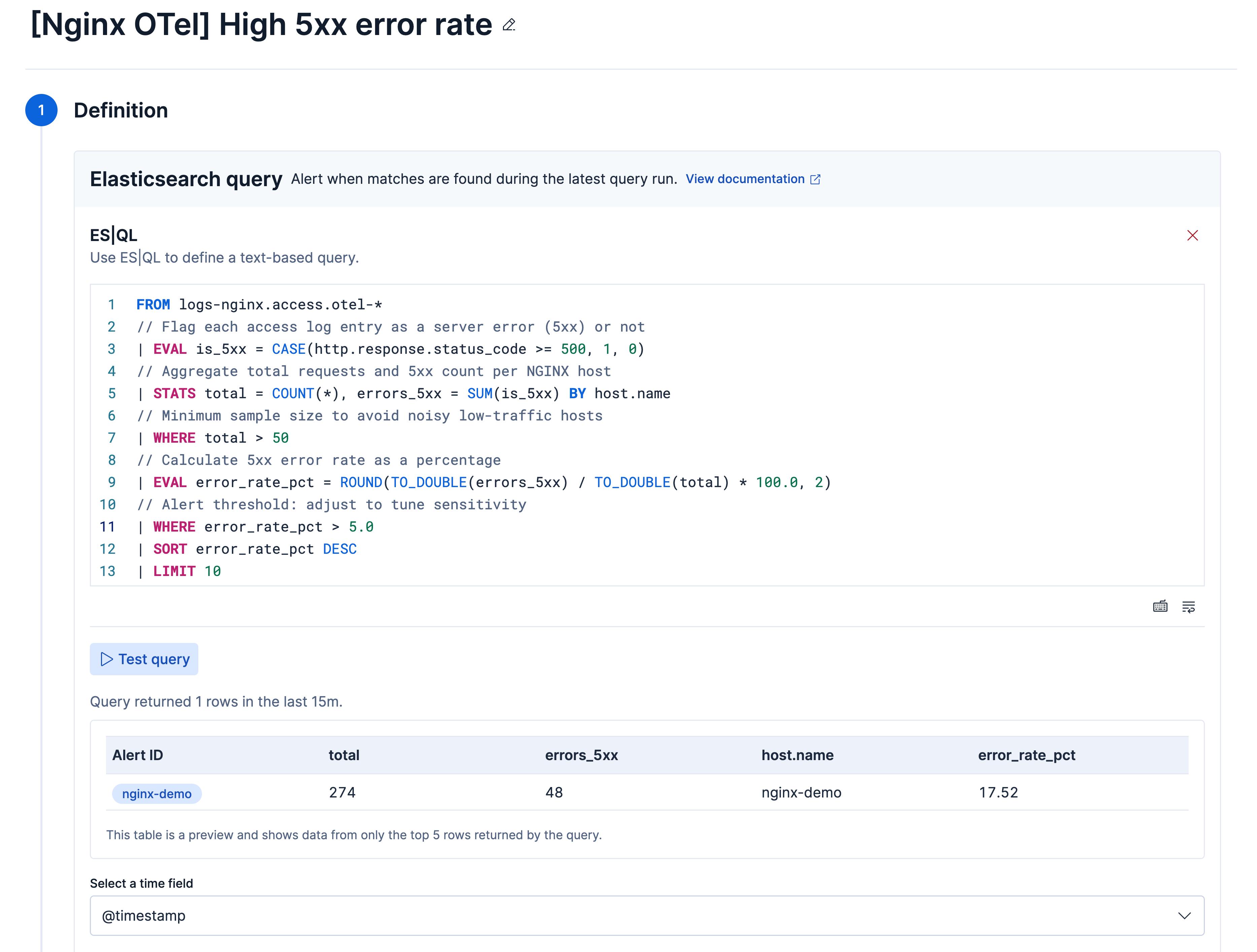 The prefilled Create rule form for the High 5xx error rate template
