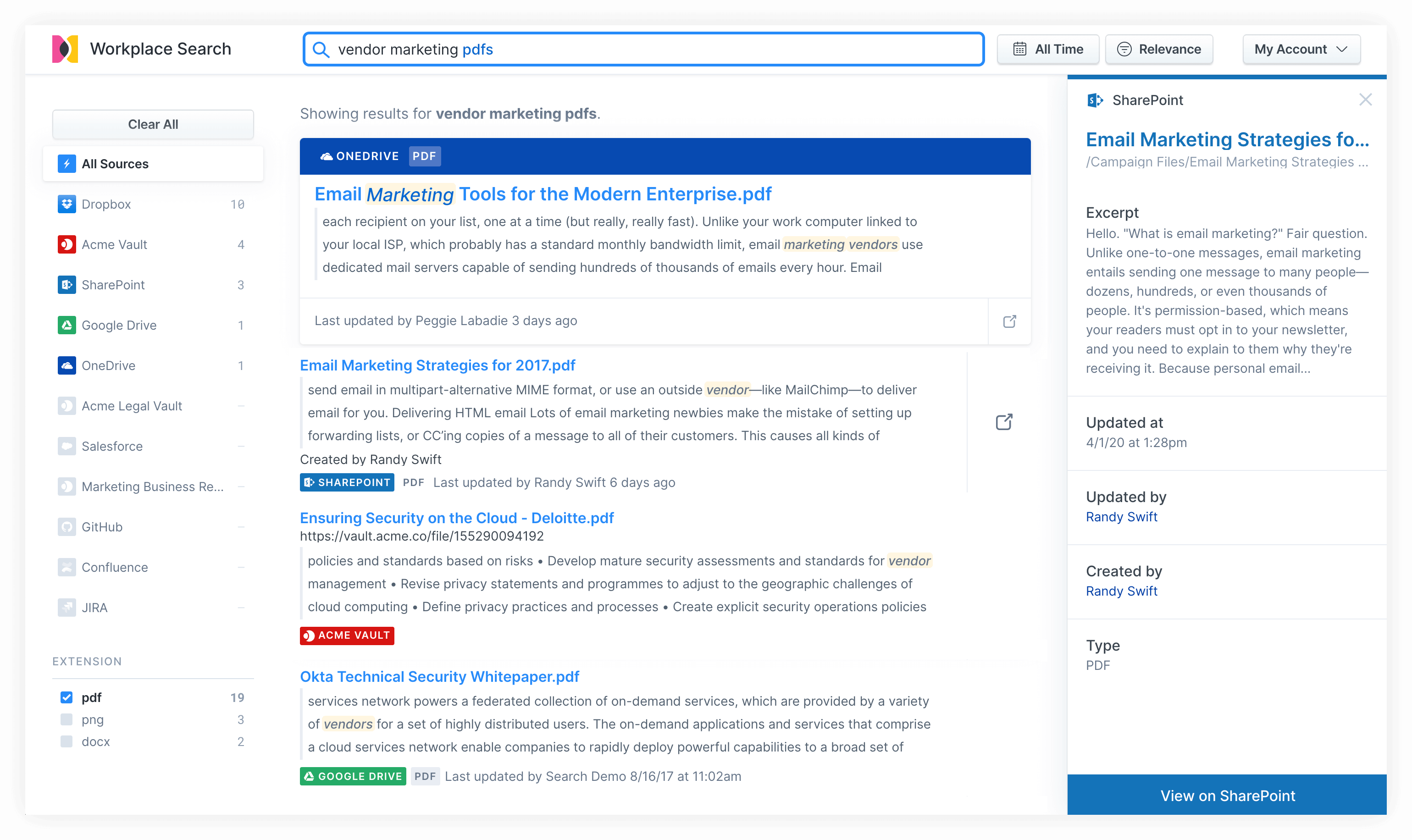 Elastic Workplace Search results screen