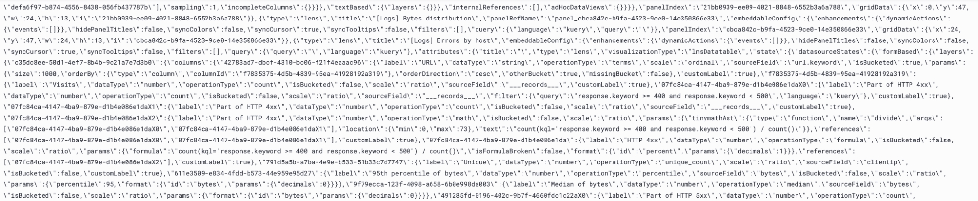 Screenshot showing a long JSON configuration string for a Kibana dashboard, containing nested objects and key‑value pairs that define visualization panels, labels, and metrics, such as “Bytes distribution,” “Errors by host,” and “Part of HTTP 4xx.”