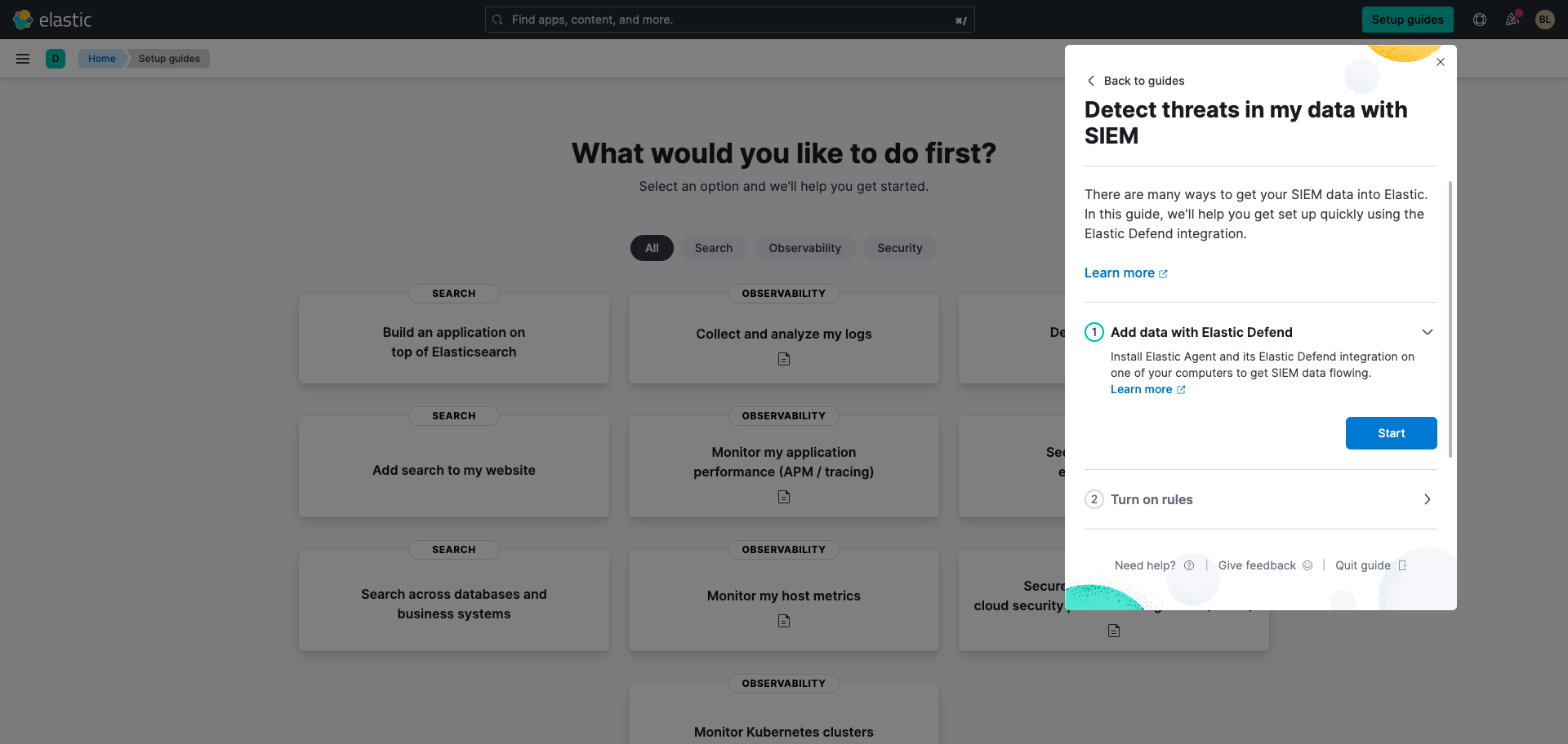 Screenshot of Elastic Security and option to detect threats in data with SIEM