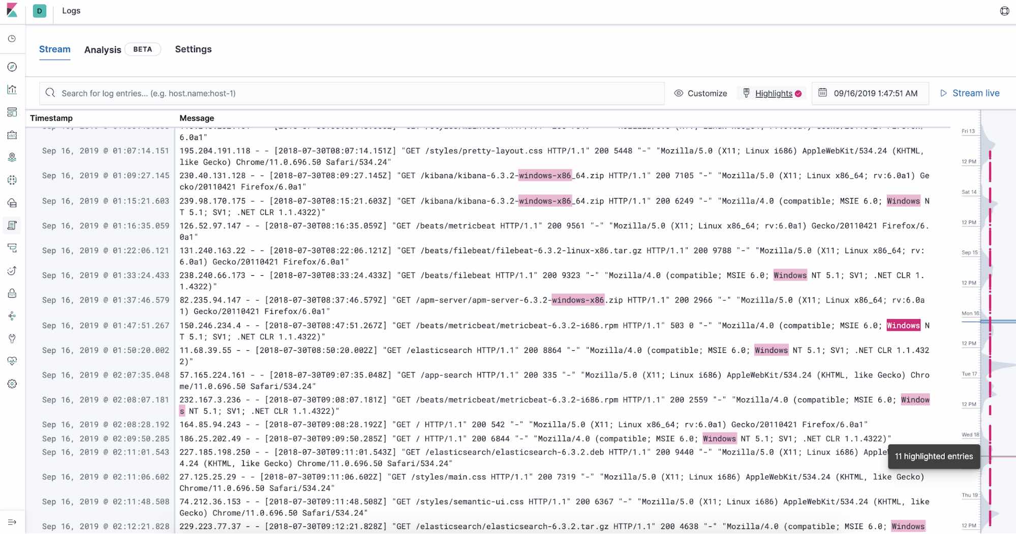 Improved navigation with highlights in Elastic Logs 7.4.0