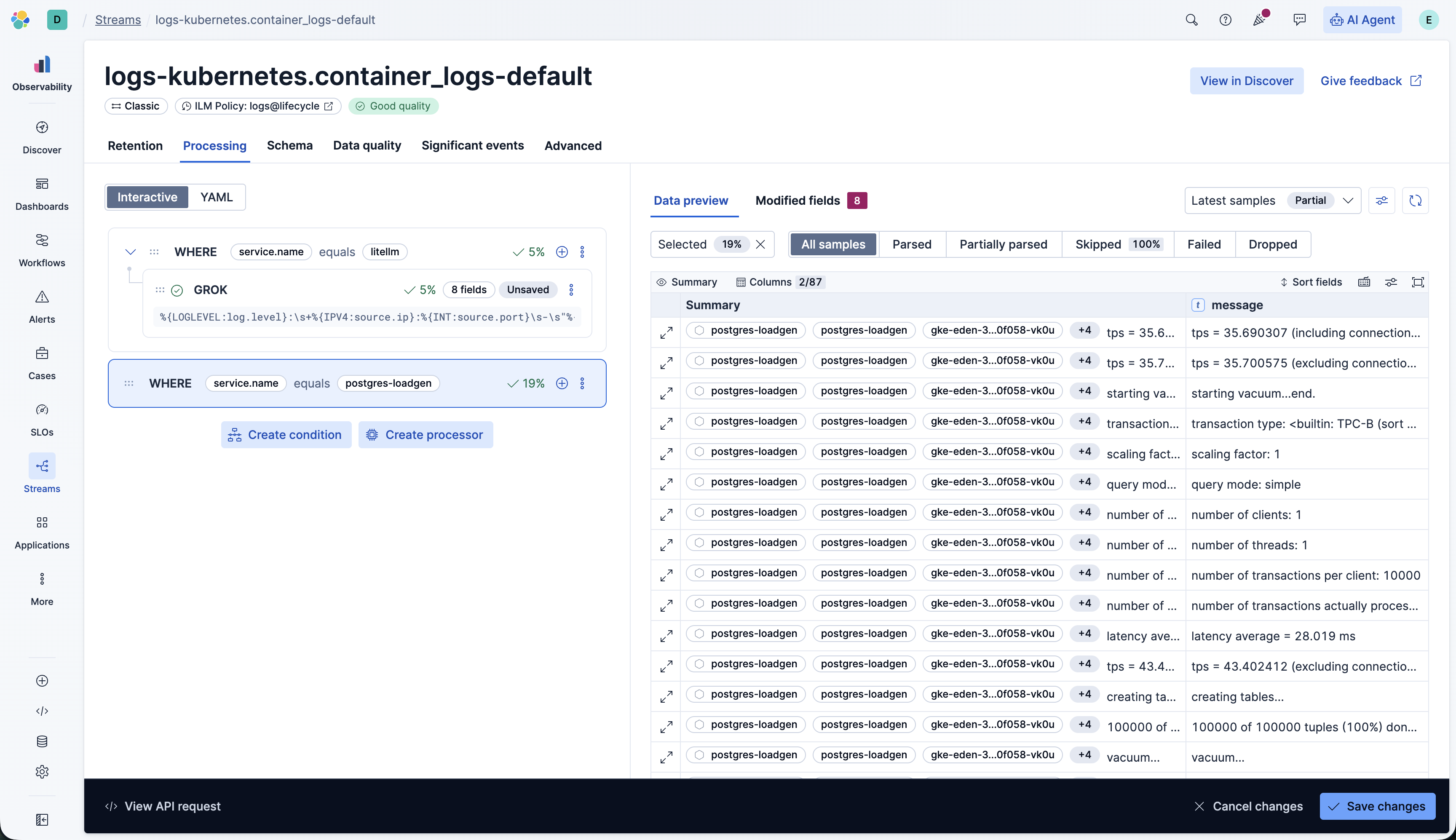Selected tab preview of noisy postgres-loadgen documents before drop